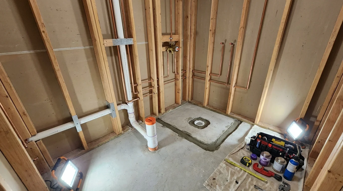 Bathroom rough-in plumbing during remodel by Johns Plumbing LLC in Spicer