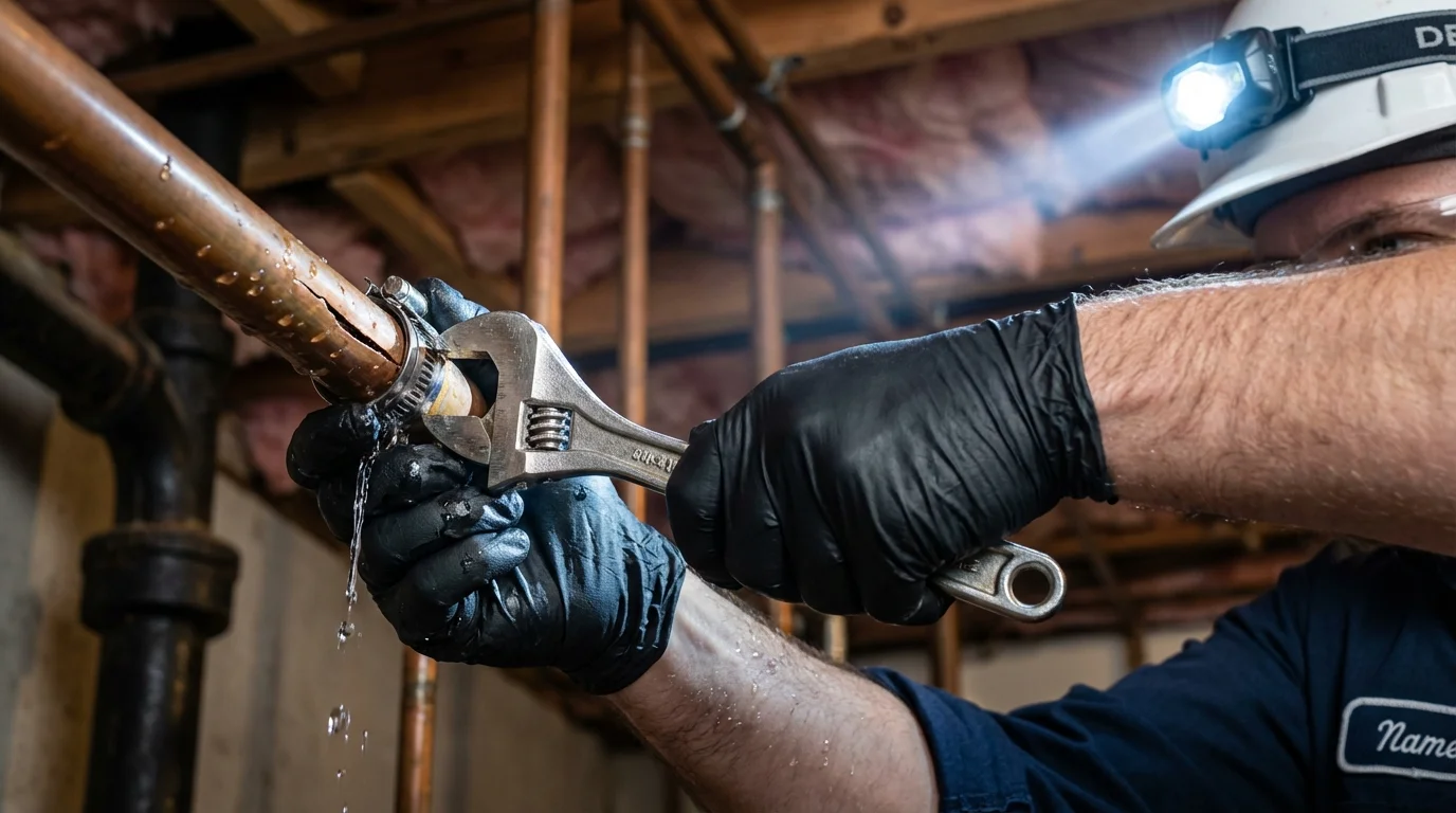 Emergency pipe clamp repair being performed by a Johns Plumbing LLC plumber in Spicer