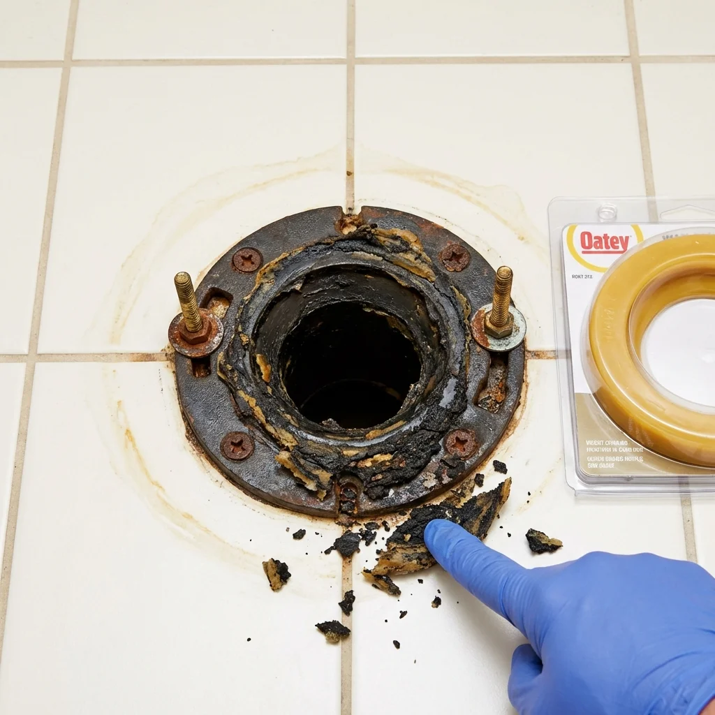 Failed wax ring showing water seepage at the base of a toilet in a Spicer, MN home