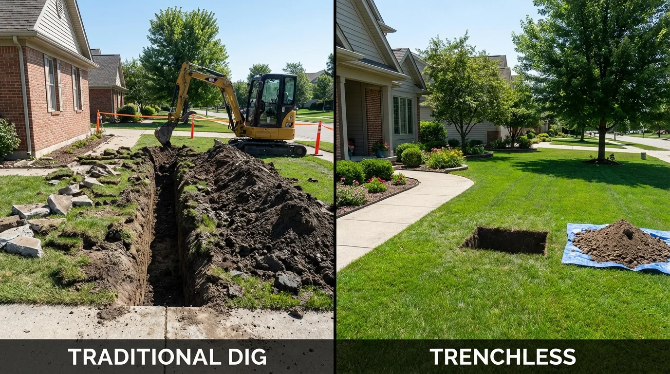 Trenchless sewer repair with minimal yard damage versus traditional excavation in Spicer, MN