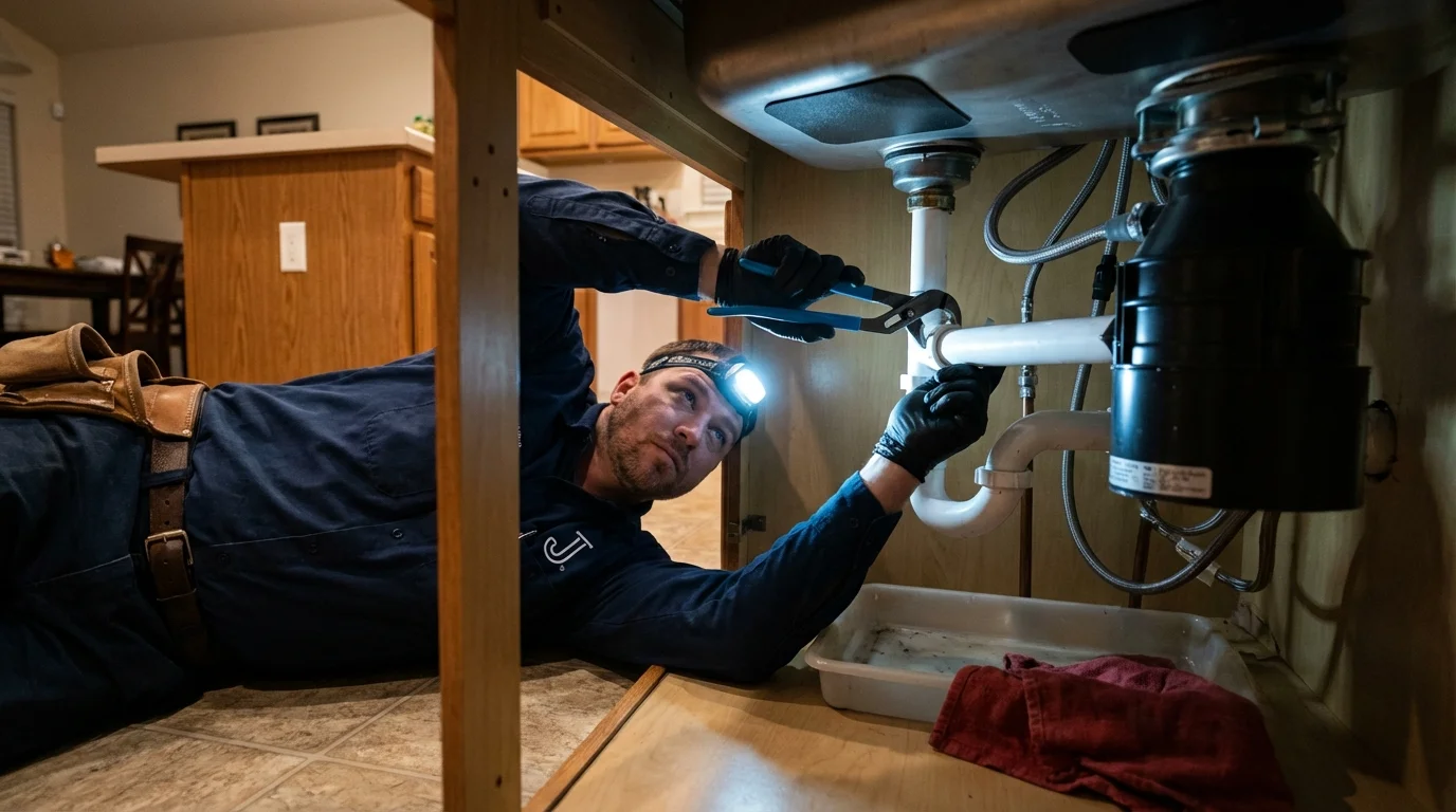 P-trap and supply line connections under a kitchen sink showing a common leak point in Spicer, MN